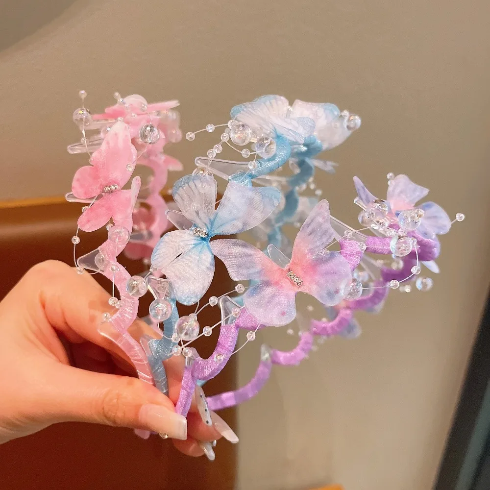 Aros para el cabello con perlas y mariposas de hadas brillantes, diadema de princesa para niños, diadema antideslizante ondulada, sombreros para niñas, accesorios para el cabello para niños