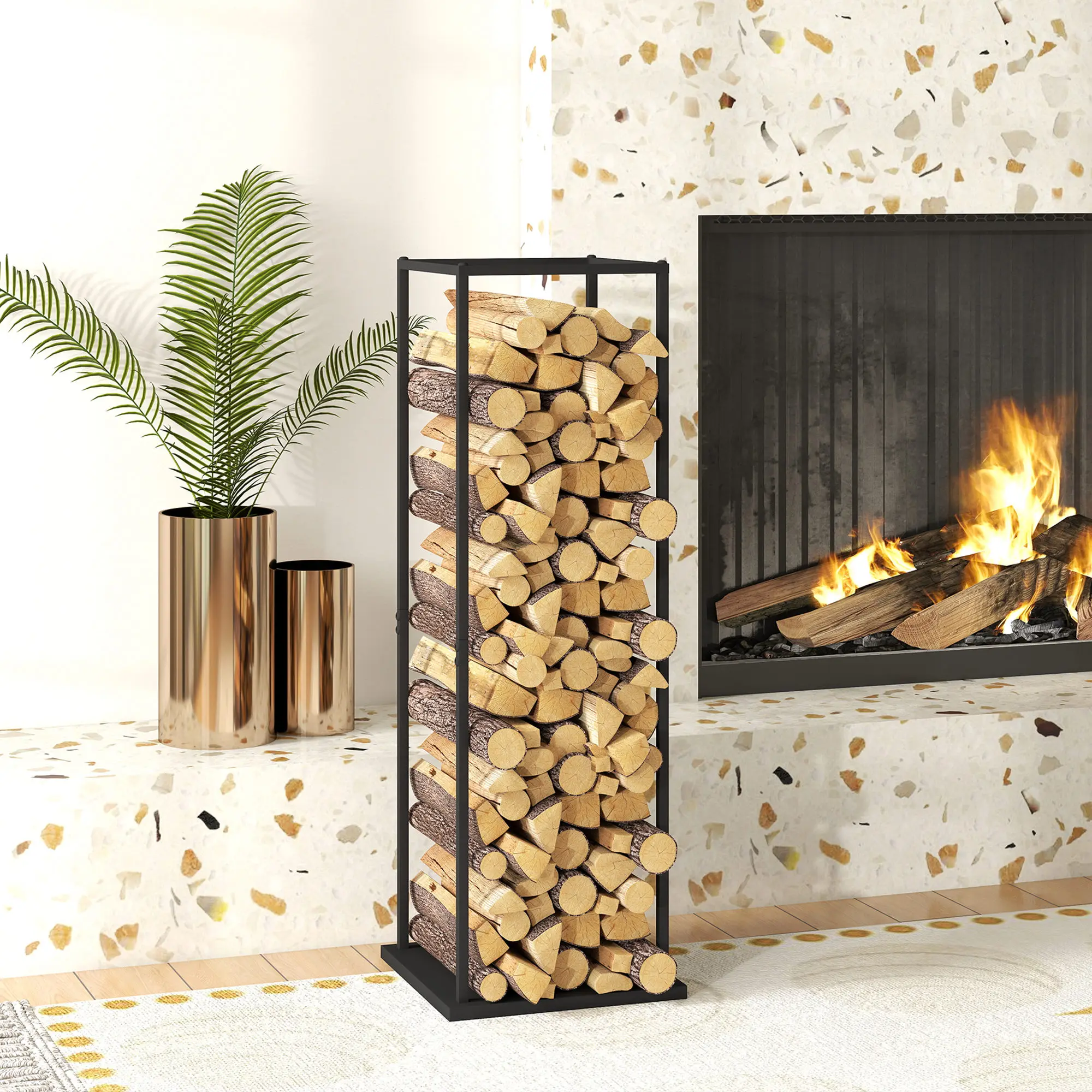 Outsunny Estante de Leña Metálico, Soporte para Leña de Chimenea, Leñero Exterior con Base Elevada, para Interior y Exterior, Carga 100 kg, 33x33x110 cm, Negro