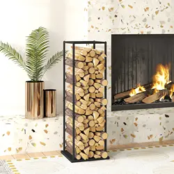 Outsunny Estante de Leña Metálico, Soporte para Leña de Chimenea, Leñero Exterior con Base Elevada, para Interior y Exterior, Carga 100 kg, 33x33x110 cm, Negro