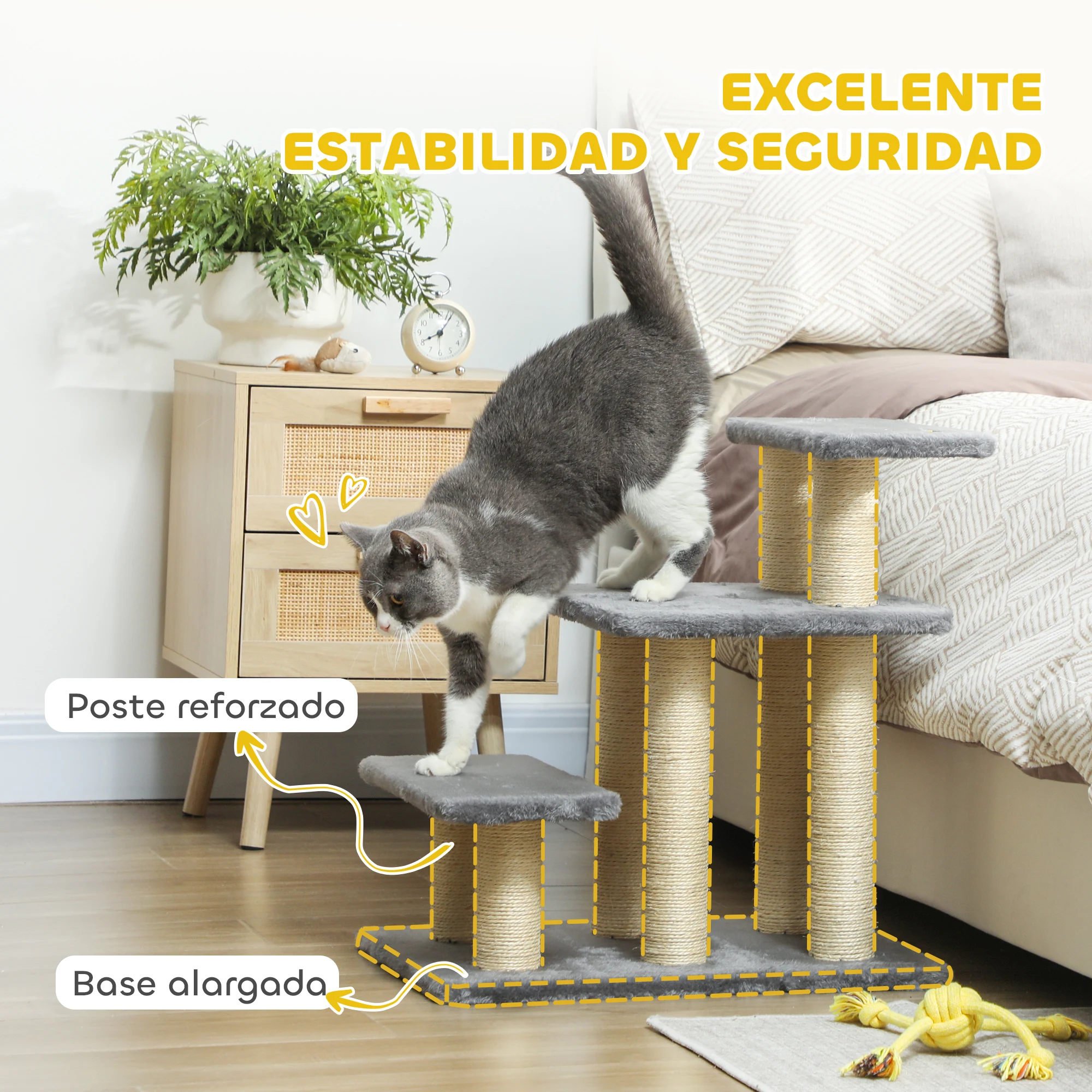 PawHut Escalera para Gatos de 3 Peldaños, Escalera para Mascotas, Estructura Ajustable, con Postes Rascadores, Bola Colgante, Carga 10 kg, para Cama, Sofá, 52x34,5x54 cm, Gris - imagen 4