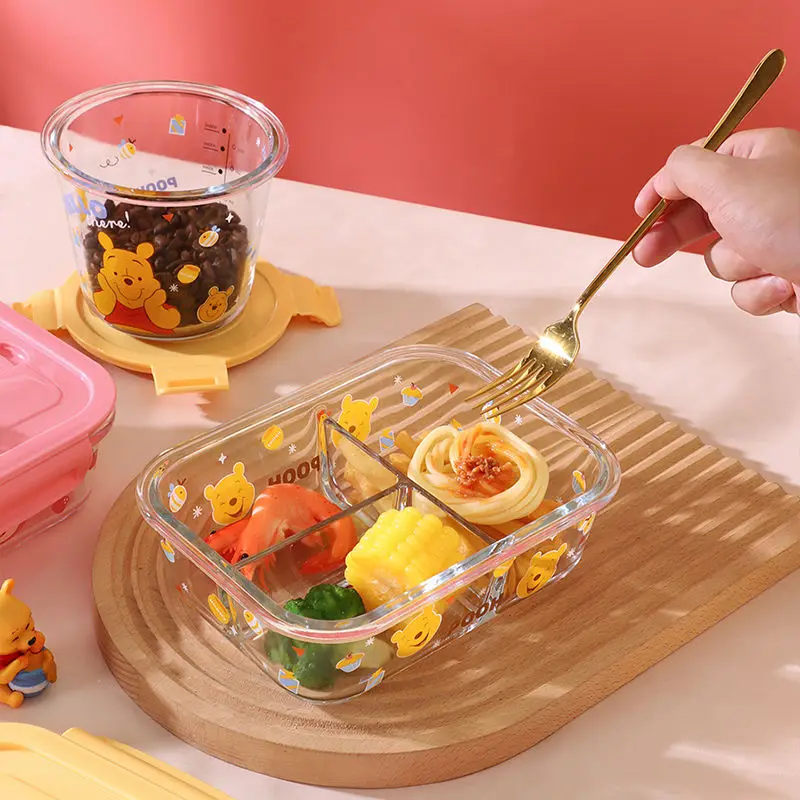 Cuenco de mantenimiento fresco de vidrio de Disney, accesorio de impresión de Anime de oso Lotso Pooh, cuenco de mantenimiento fresco de dibujos animados con cubierta, regalo para el hogar Kawaii - imagen 5