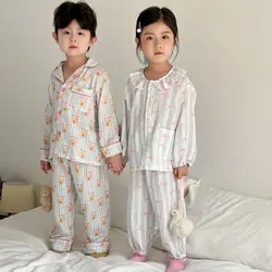 Pijama de algodón con oso para niños - Diseño a rayas otoñal
