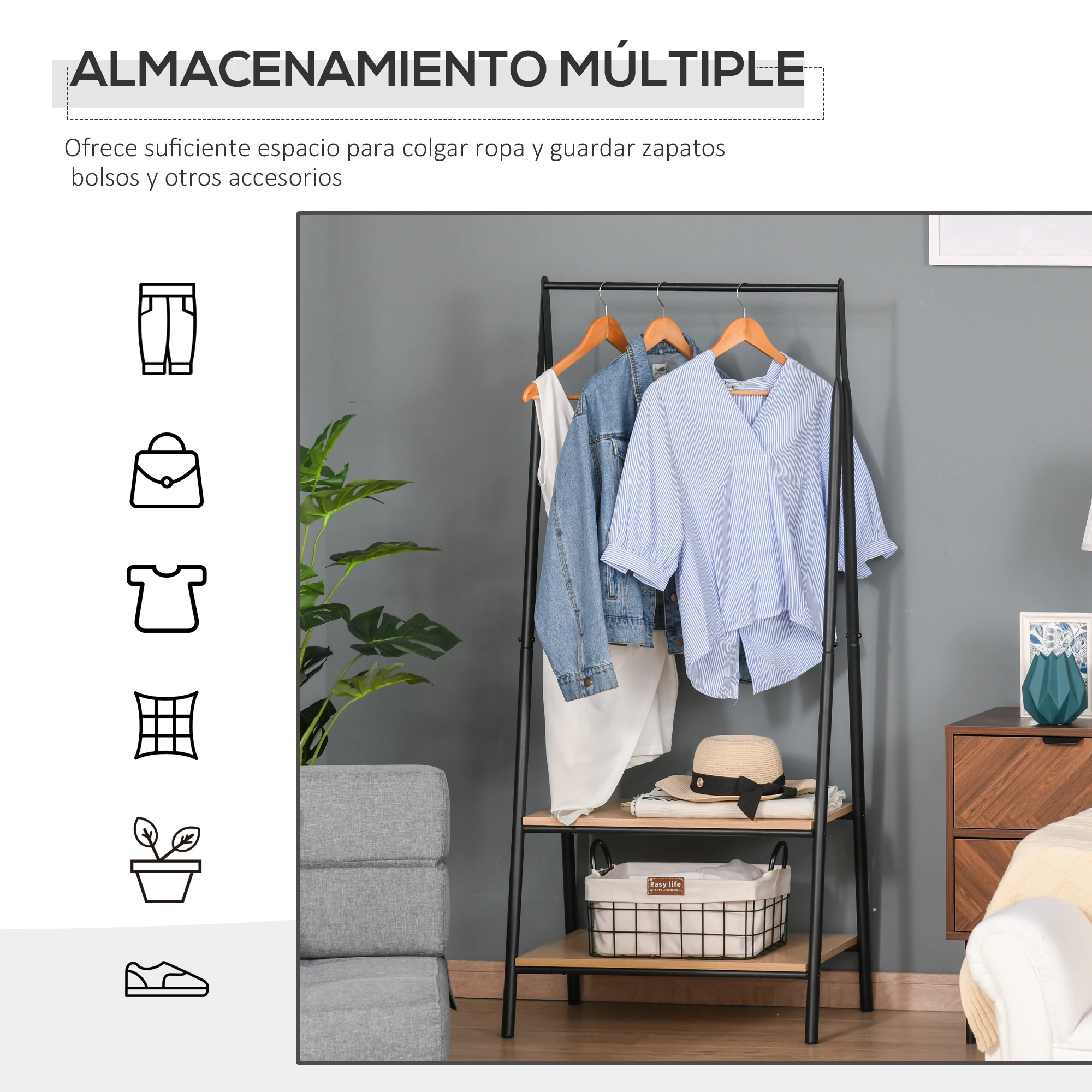 HOMCOM Perchero de Ropa Perchero de Pie con 2 Estantes de Almacenamiento Barra para Colgar y Marco de Acero para Entrada Pasillo Dormitorio 64x42,5x149 cm Negro - imagen 4