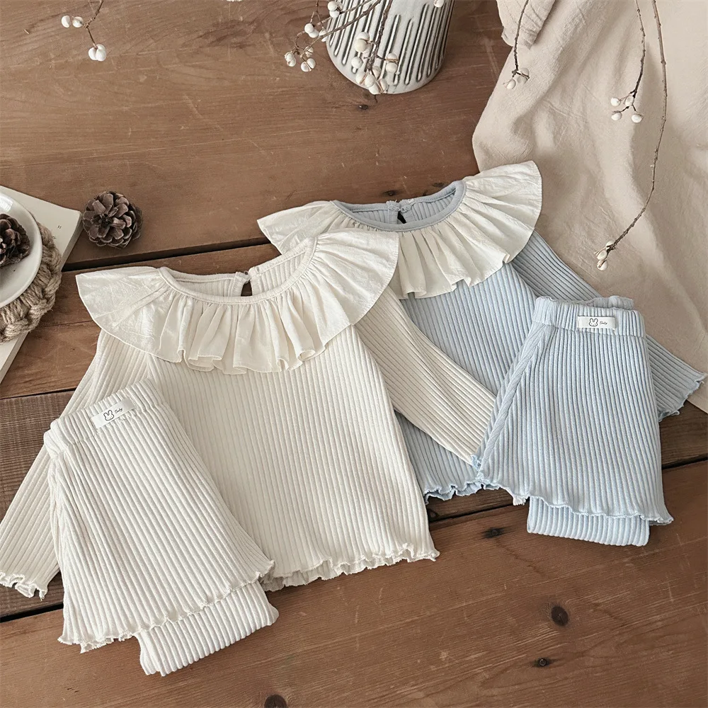 Traje informal de 2 uds para niñas, Top de manga larga con cuello de hoja de loto a rayas y falda, pantalones, ropa para niños de primavera y otoño - imagen 2