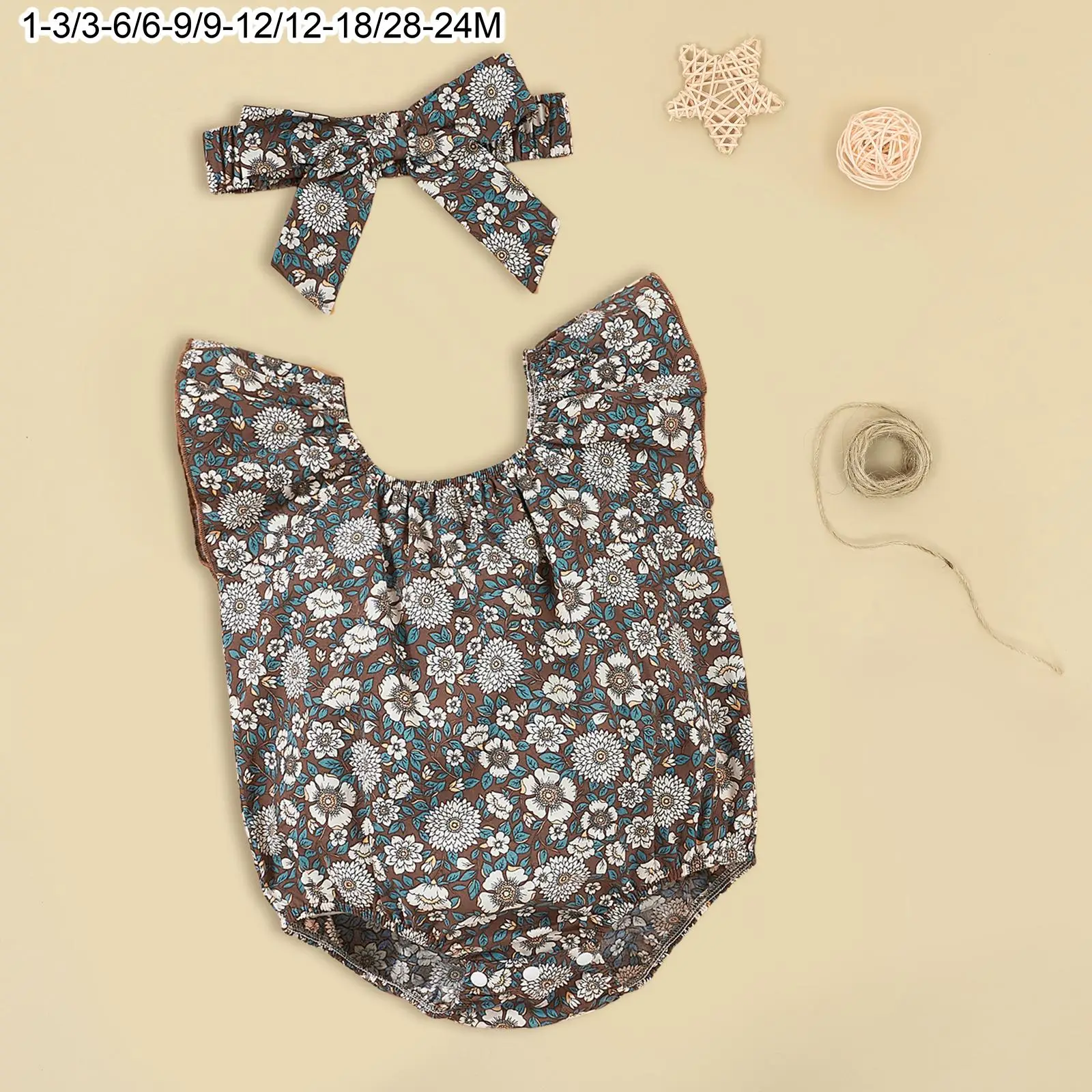 2Pcs Baby Girl Sleeveless Jumpsuit Headband Round Neck Floral Print Newborn Rompers for Club Travel Easter Photography Vacation