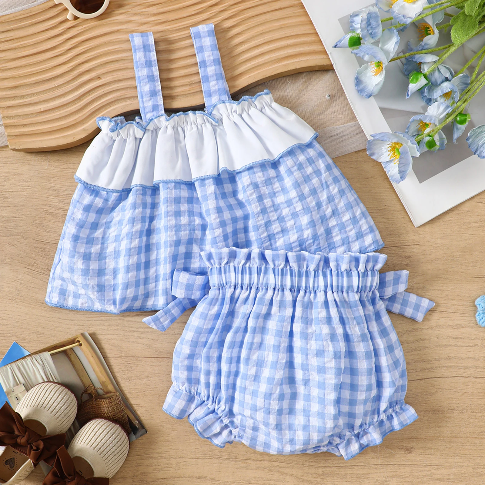 VISgogo Conjunto de pantalones cortos para niña pequeña con ribete de volantes de guinga, tops con lazo, cintura elástica, pantalones cortos con volantes, traje de 2 piezas - imagen 2