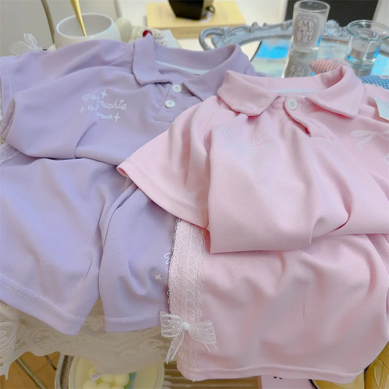 Conjunto verano niños top con lazo y shorts de encaje fino ligero