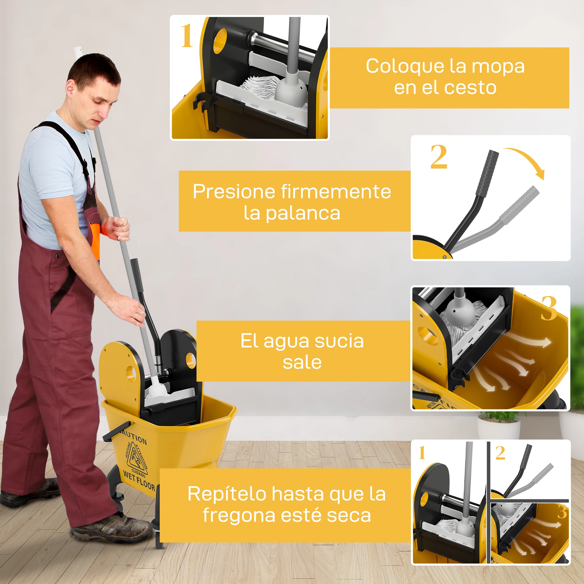 HOMCOM Cubo de Fregona con Ruedas, Escurridor Desmontable de Prensa hacia Abajo, Capacidad 26 L/27,5 qt, Cubo de Fregar Incluye Fregona y Asa, para Uso Comercial y Doméstico, Amarillo - imagen 5