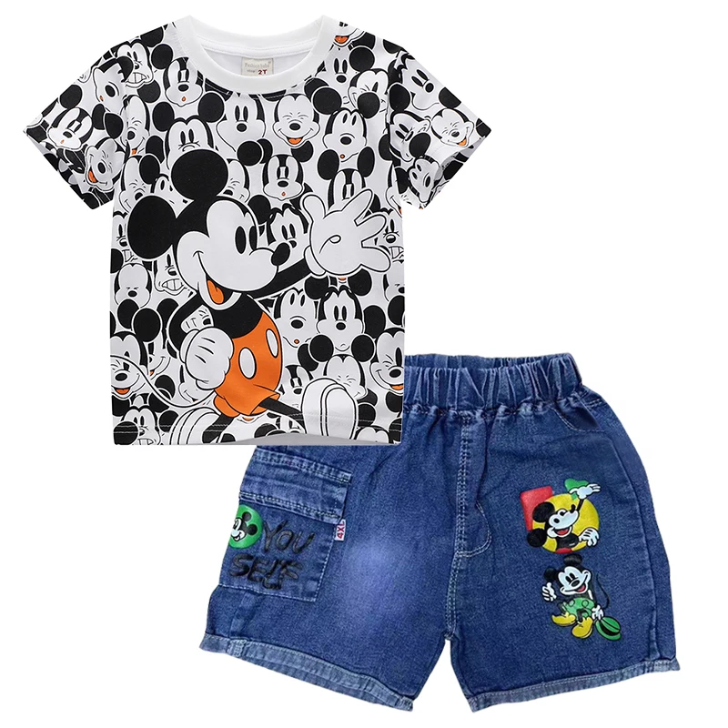 Conjunto de ropa de moda para bebés, camiseta de dibujos animados de Mickey Mouse, pantalones cortos vaqueros, chándales para niños de 2 3 4 5 6 años, verano, 2 uds. - imagen 2
