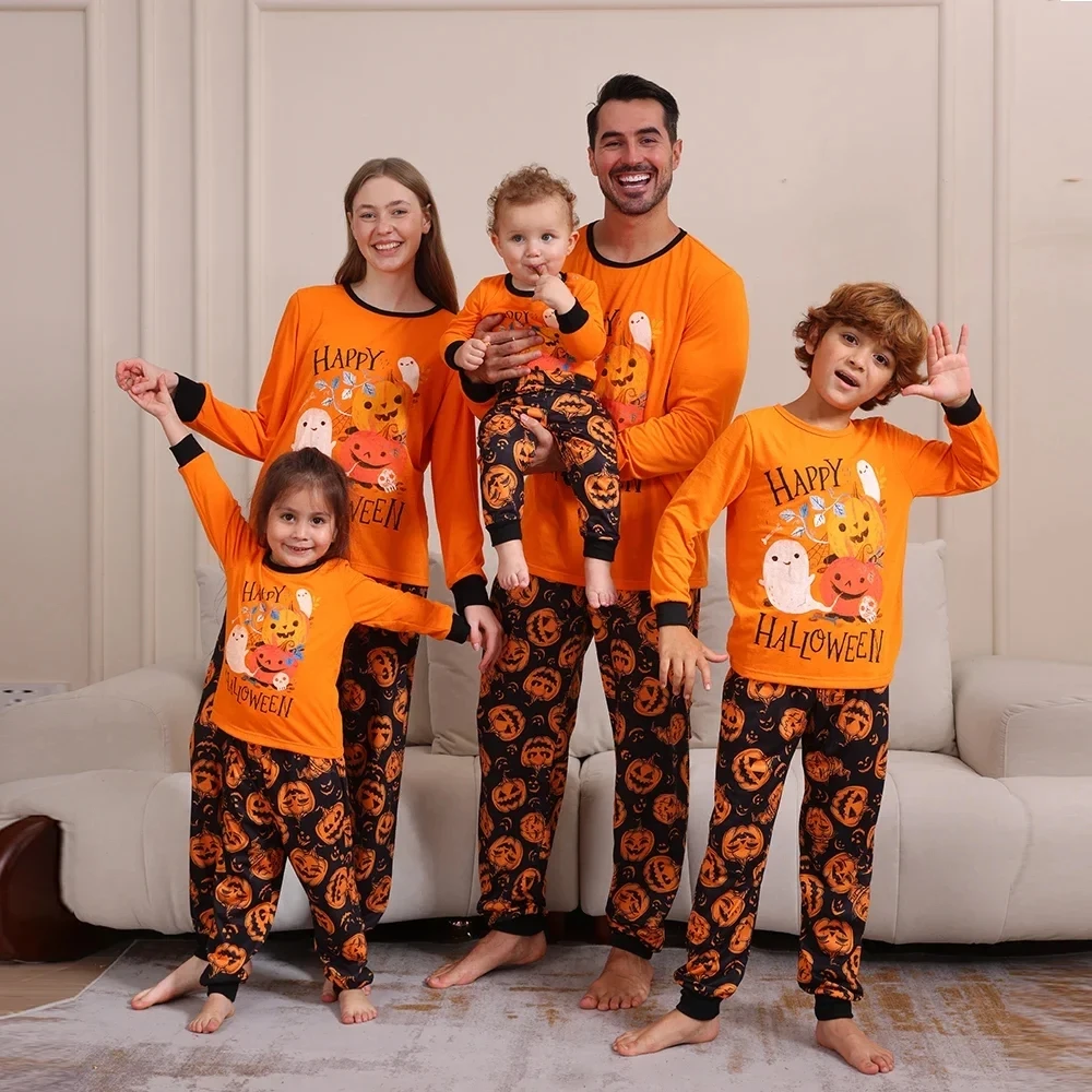 2025 Nieuwe Pompoenprint PJs Sets 2-delige Loungewear Volwassen Kinderen Halloween Pyjama Voor Familie Vakantie Kleding