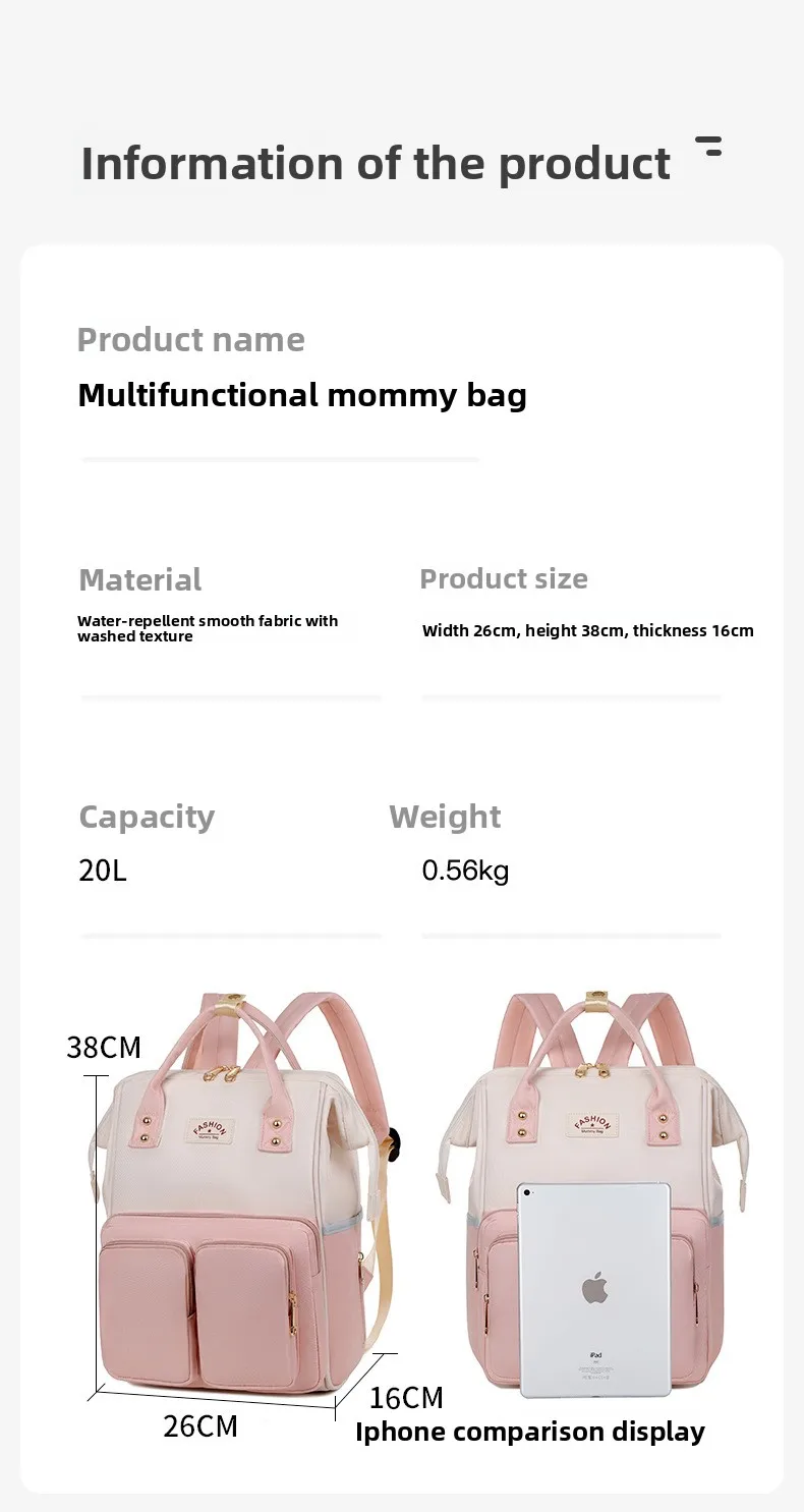 Mochila maternal vista frontal con compartimentos