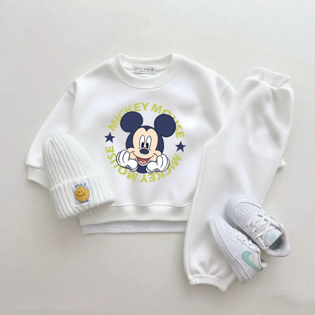 Mickey Tops pantalones de chándal blancos de dos piezas lindo cuello redondo Sudadera con capucha pantalones versátiles nuevos conjuntos estampados de dibujos animados ropa Popular - imagen 4