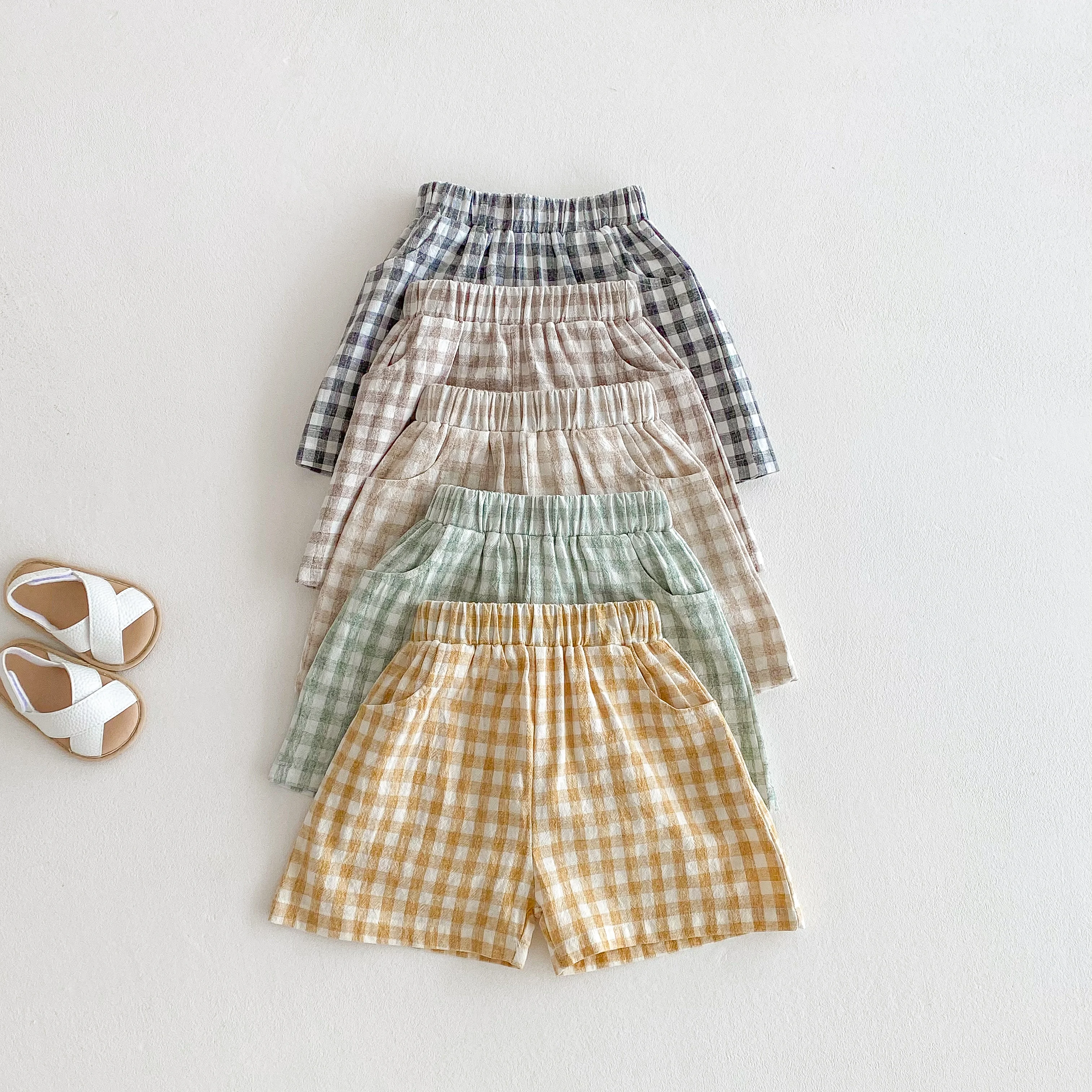 Pantalones cortos verano para bebés de lino cuadros holgados unisex - imagen 2