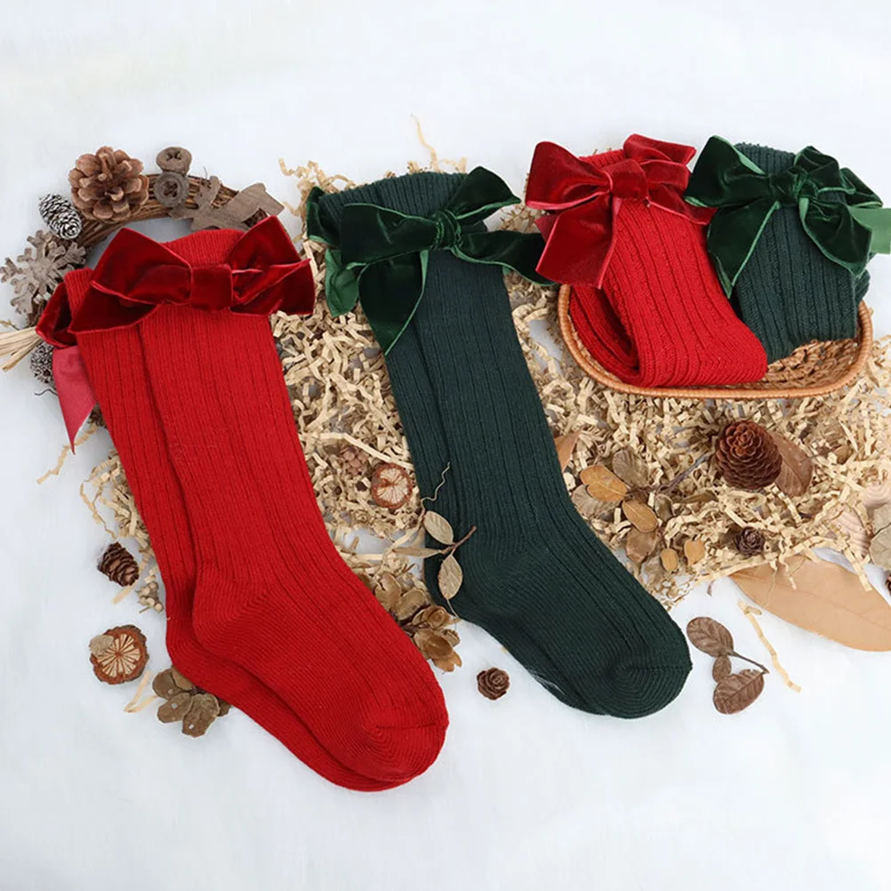 1 par de medias de Color sólido para niños, calcetines cálidos elásticos de algodón con lazo a media pantorrilla, calcetines de invierno y otoño, medias para niños - imagen 4
