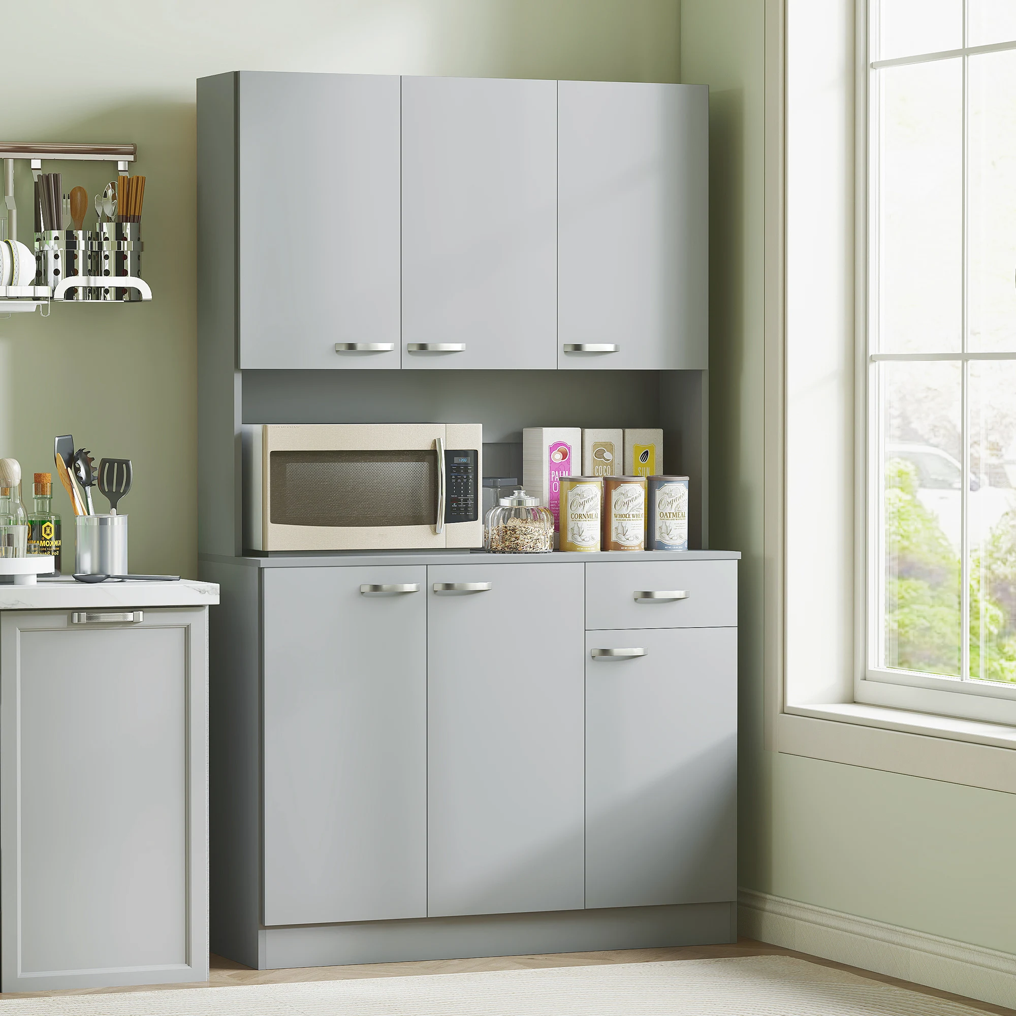 HOMCOM Alacena de Cocina Mueble Auxiliar de Cocina Alta con 6 Puertas Cajón Encimera Abierta y Estantes Ajustables Estilo Moderno Gris 101x39x180 cm