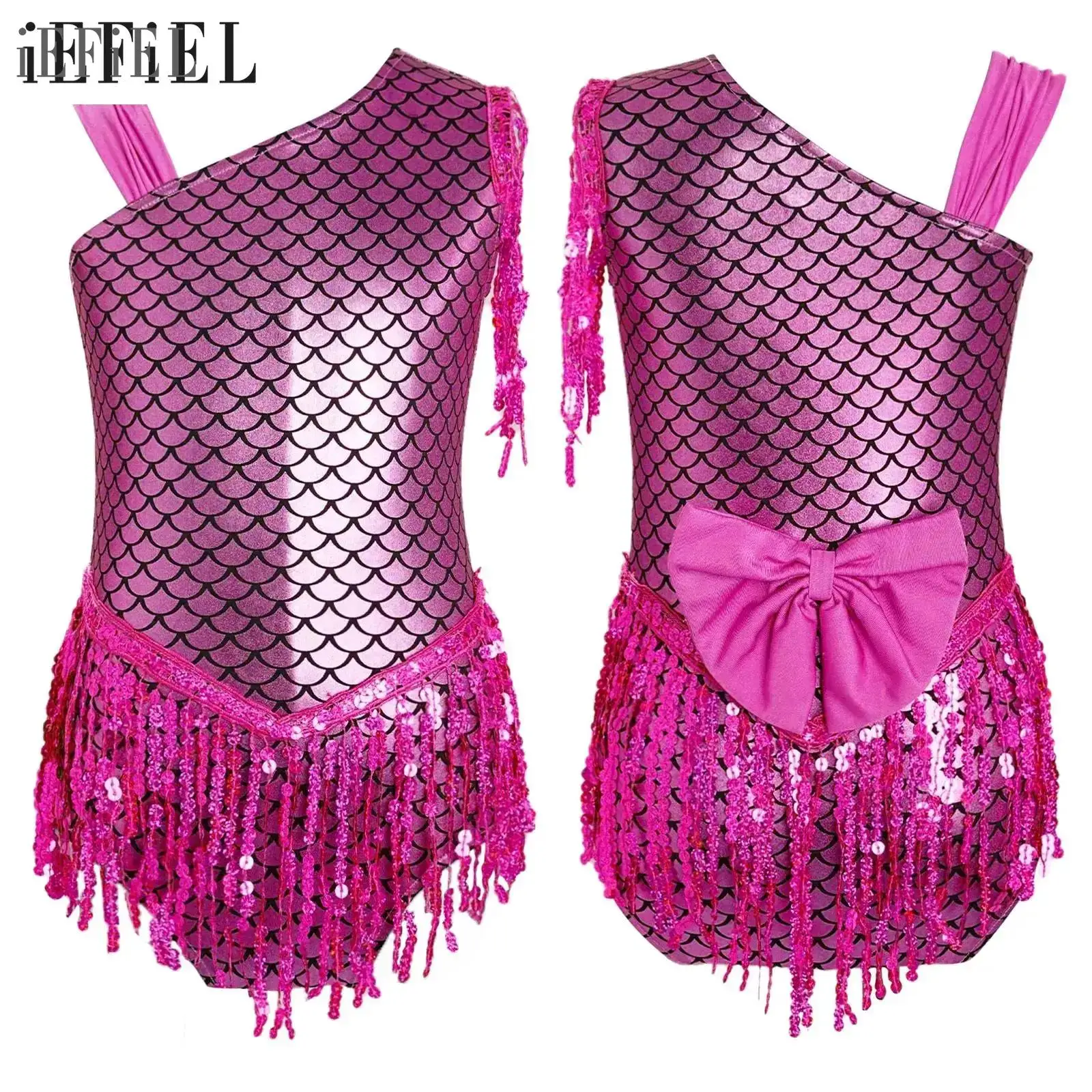 Niños Niñas escamas de pescado Ballet danza leotardo Bowknot espalda lentejuelas borlas mono de gimnasia para Halloween Cosplay fiesta temática