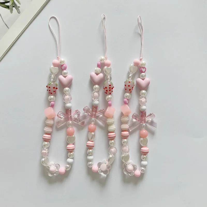 Dulce flor de fresa cuenta correa de teléfono encanto cadena nudo teléfono móvil cordón llavero mujer chica bolso cámara funda de teléfono colgante - imagen 5
