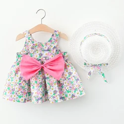 Conjuntos de 2 piezas de ropa de verano para niñas, vestido coreano de moda con flores, bonito lazo sin mangas, vestidos de algodón para bebés + sombrero para el sol, artículos para recién nacidos BC459