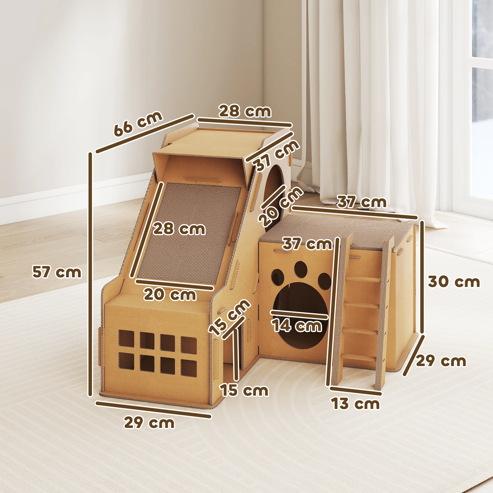 PawHut Rascador Cartón para Gatos Forma Castillo 2 en 1, Rascador para Gatos con 2 Zonas de Rascado, Catnip, Rampa y Escalera, para Interior, 67x66x57 cm, Marrón - imagen 3