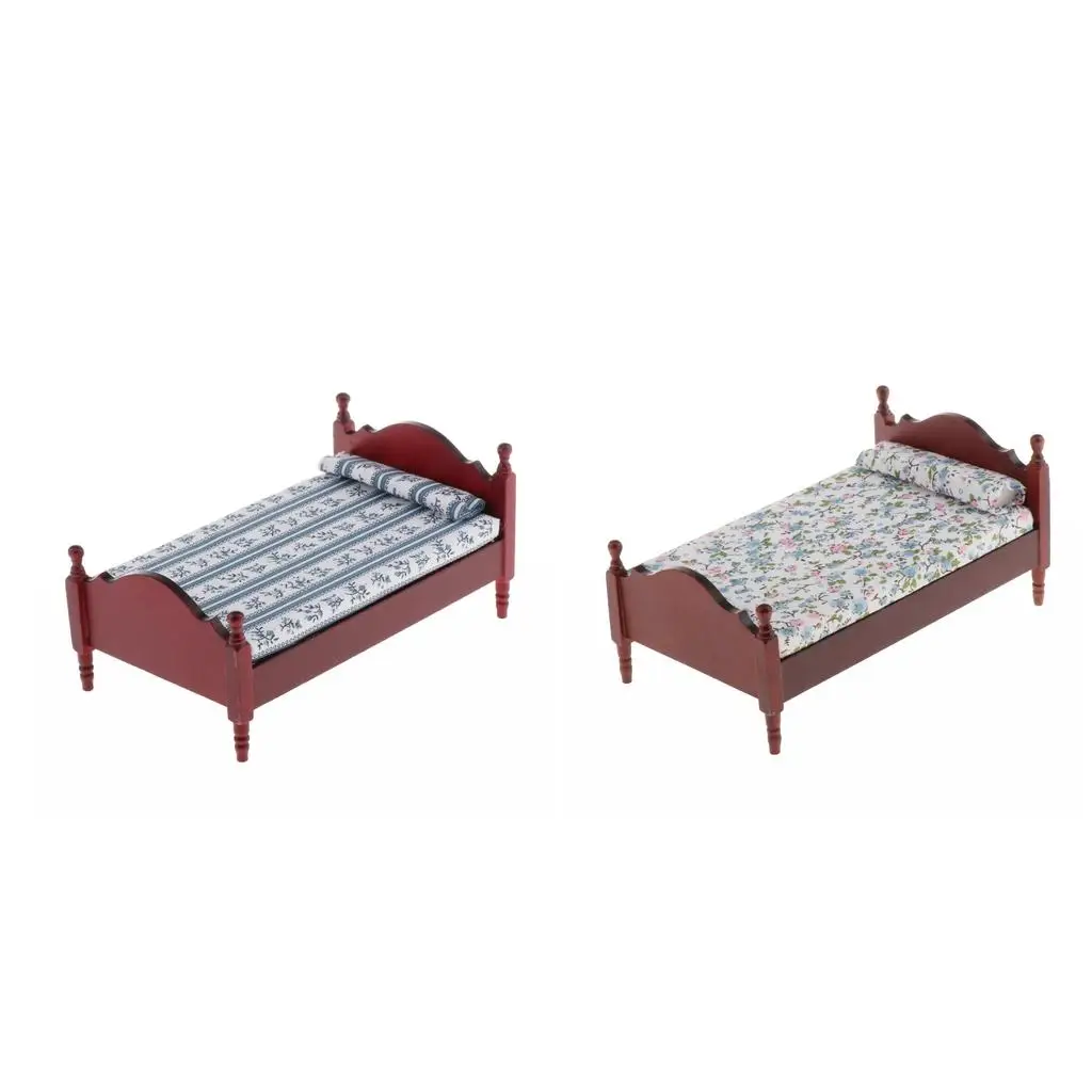 Miniature Brown Single Bed DIY Kits 1/12 Scale Dollhouse Bedroom Accessories