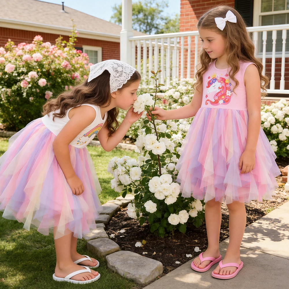 DXTON Vestido de algodón y tul para niña – Unicornio sin mangas - imagen 2