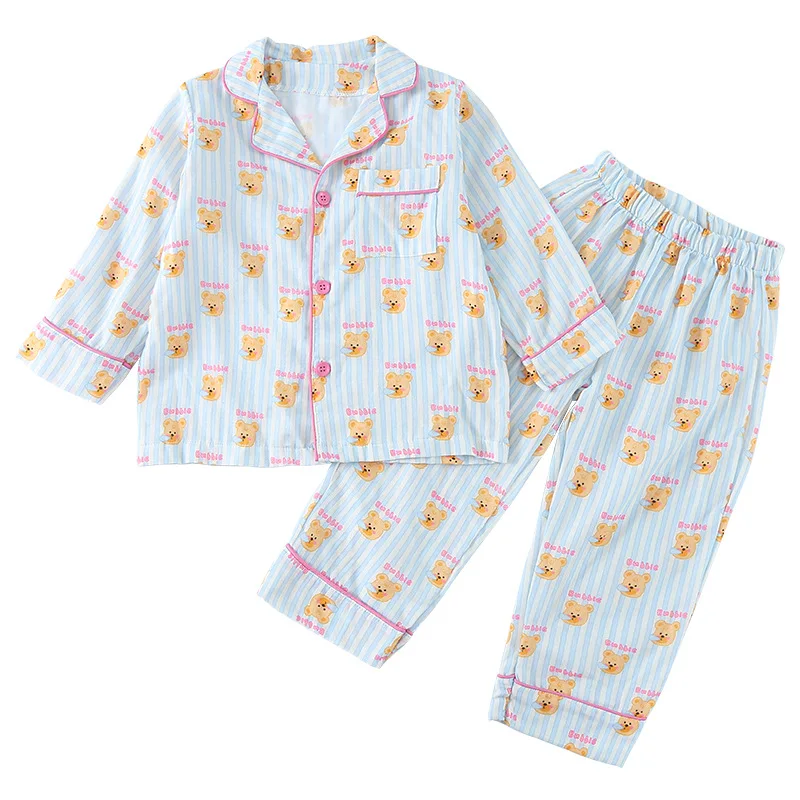 Otoño nuevo conjunto de pijamas para niños lindo oso estampado de lazo Vintage a rayas 1 a 10 años niños niñas ropa de descanso de hilo de algodón - imagen 5