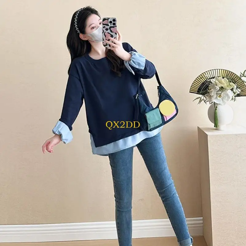 QX2D Sudadera algodón suave para embarazo, dobladillo en capas, corte espacioso, lavable a máquina, comodidad diaria y