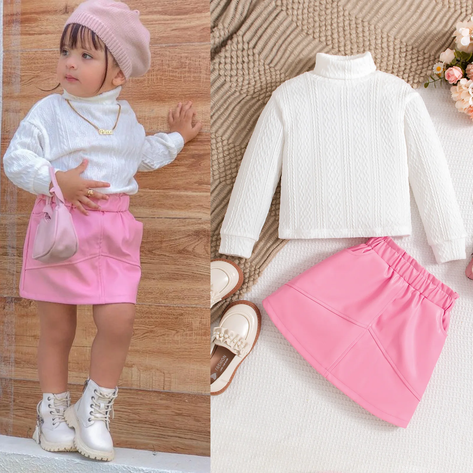 Conjuntos de 2 uds para niños, ropa de otoño para niñas, Tops blancos de manga larga con cuello alto + falda de PU, ropa de Boutique para bebés BC565 - imagen 2
