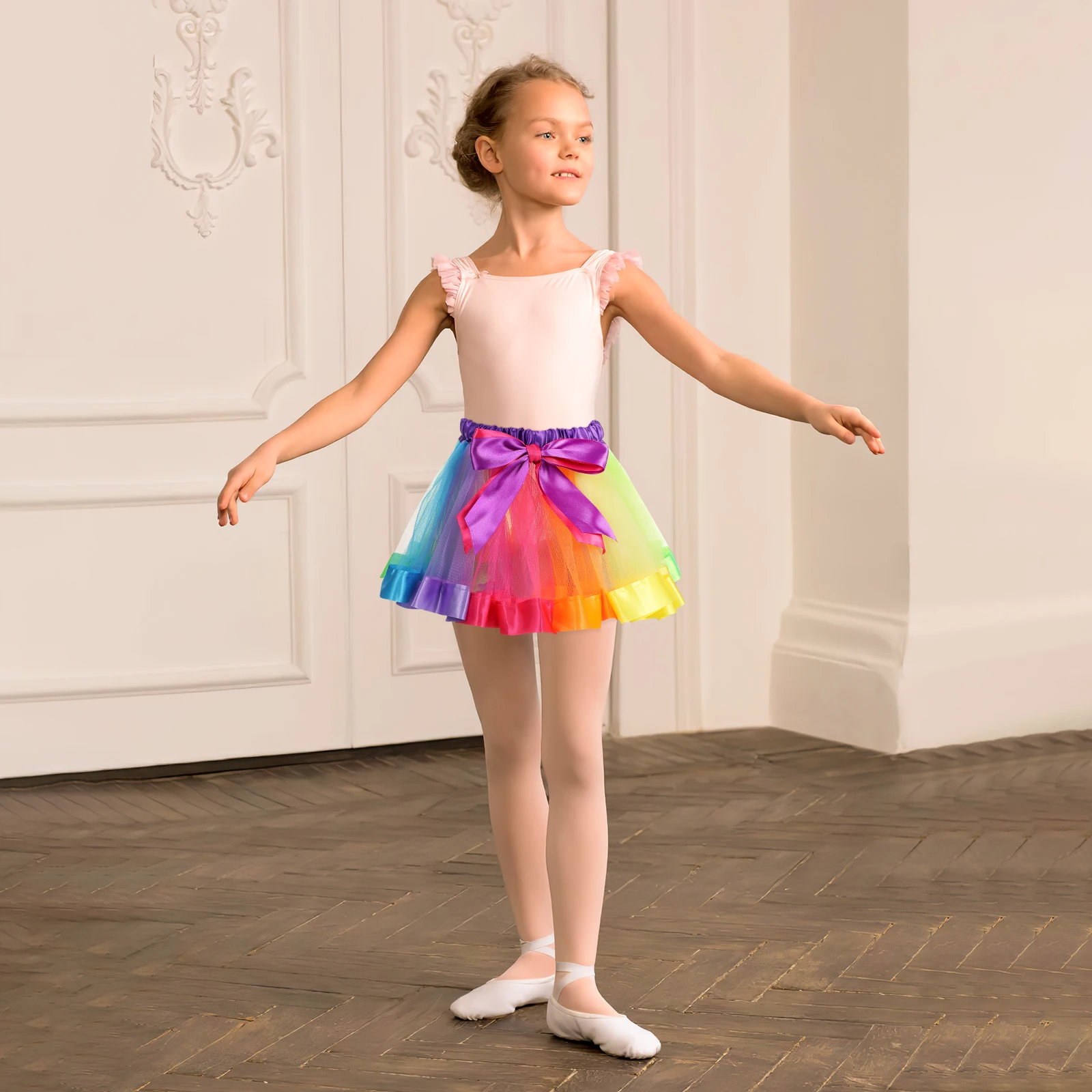Falda tutú de arcoíris en capas para niñas, vestido de baile de Ballet con cintura elástica, cinta con lazo para fiesta de actuación de 4-6 años - imagen 5