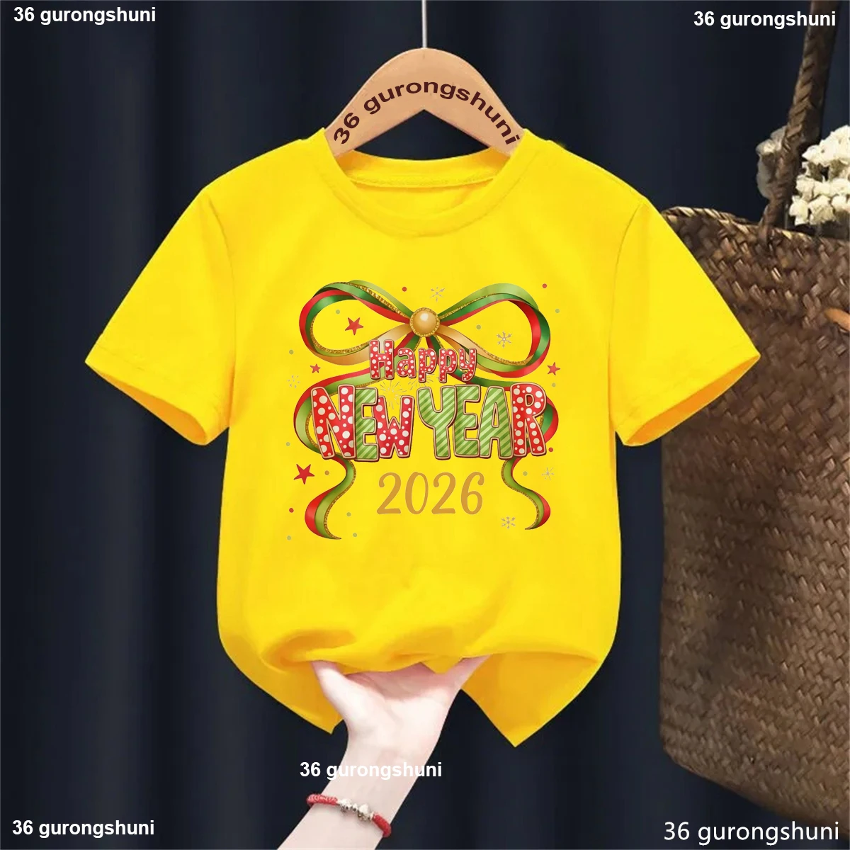 Camiseta colorida con estampado de lazo de Feliz Año Nuevo 2026, regalos de vacaciones para niñas, ropa Kawaii para niños, camisetas de manga corta - imagen 5