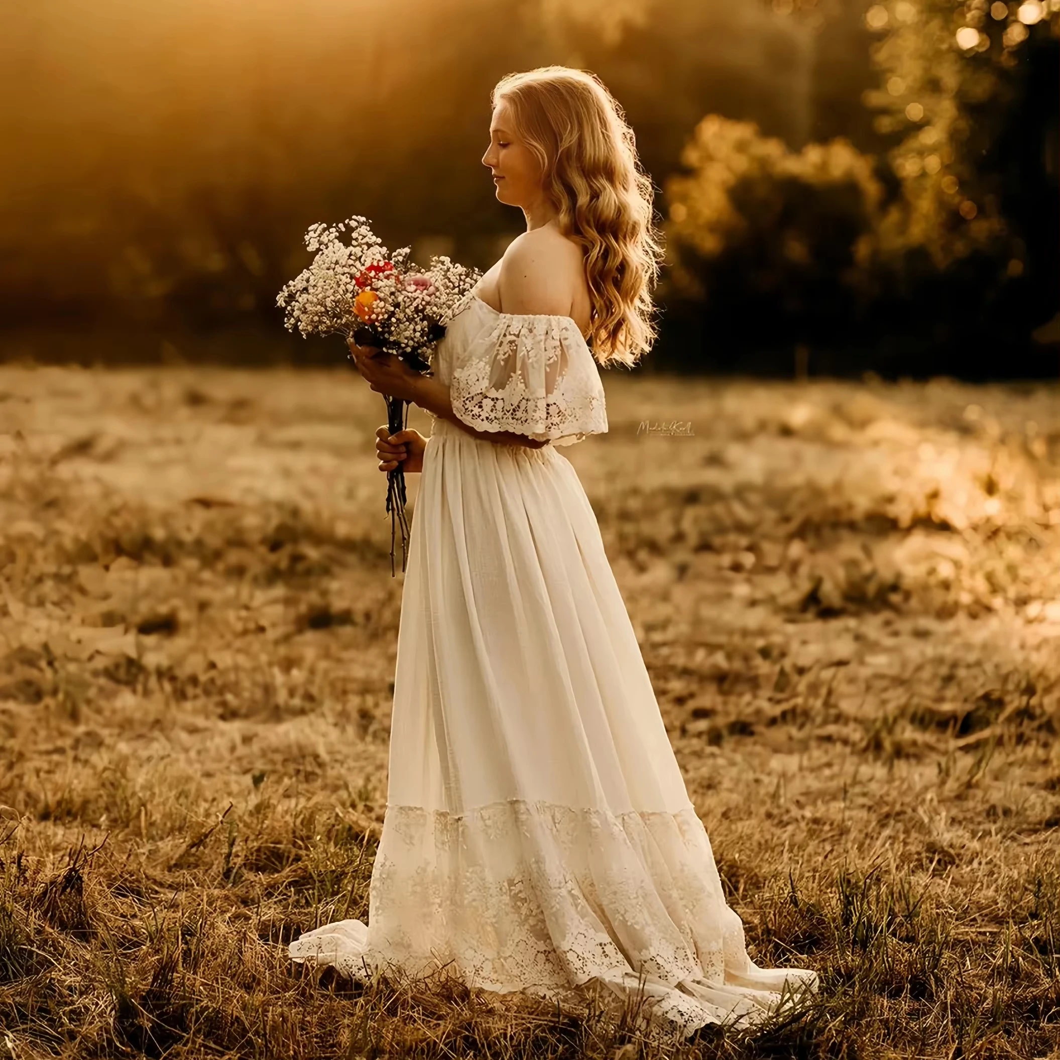 Vestido de maternidad encaje bohemio con hombros descubiertos - imagen 2