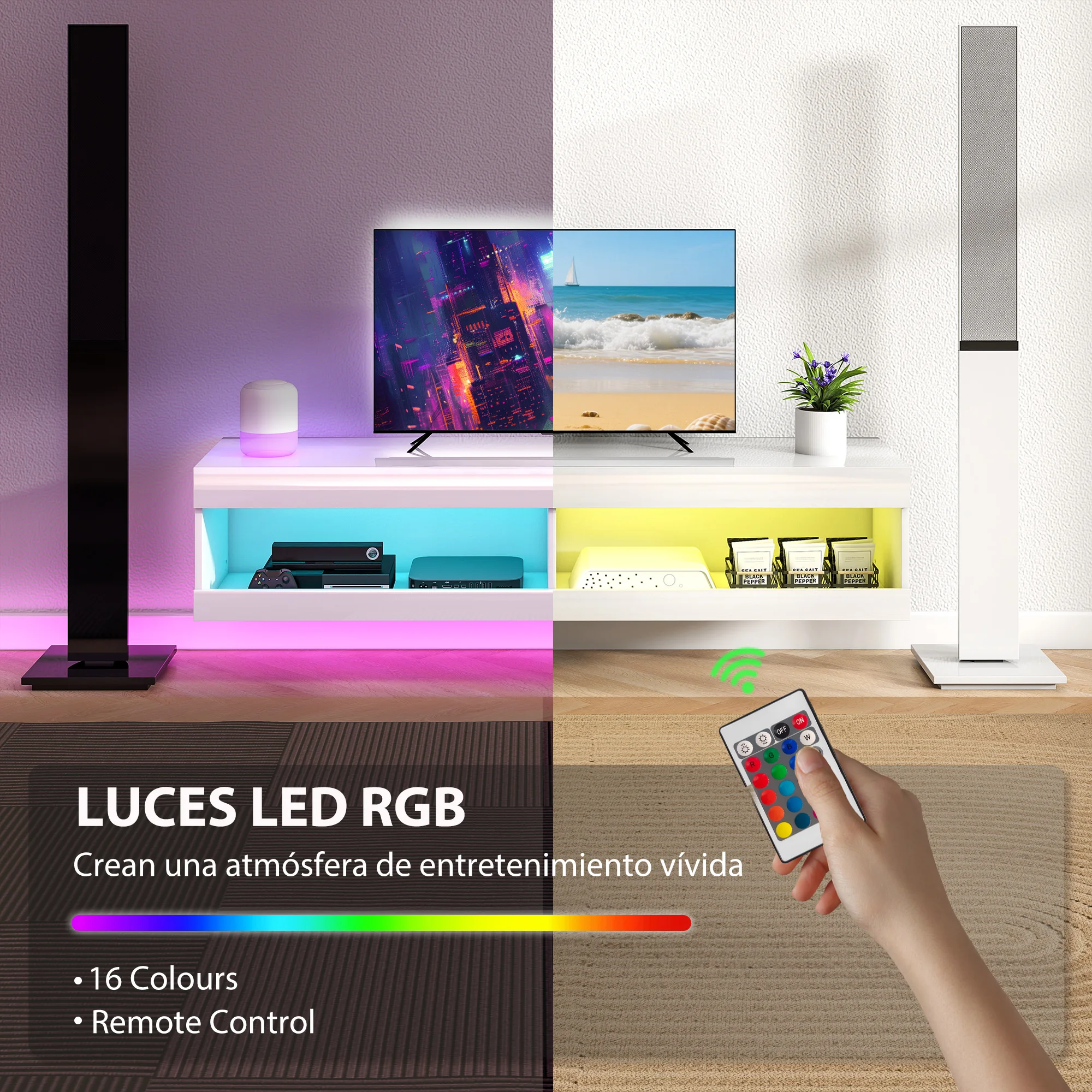 HOMCOM Mueble de TV Suspendido con Luces LED, Mueble de TV para Salón con Control Remoto, Compartimentos, Orificios Pasacables, para Televisión 55-60 Pulgadas, 140x40x30 cm, Blanco Brillo - imagen 4