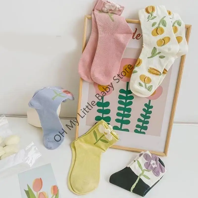 M76C Preppy Styles Middle Tube Socks For Women and Girls Vintage Flower Pattern Knitwear Breathable Hosiery for Pants Skirt - imagen 5