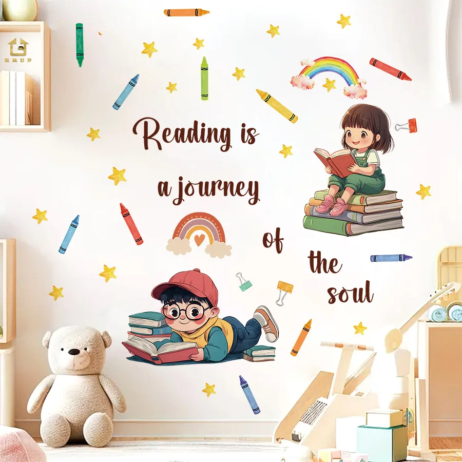 Pegatinas de pared autoadhesivas de lectura para niños, puertas de dormitorio, pegatinas de decoración para habitación de niños, bolígrafos de acuarela de Luna - imagen 3