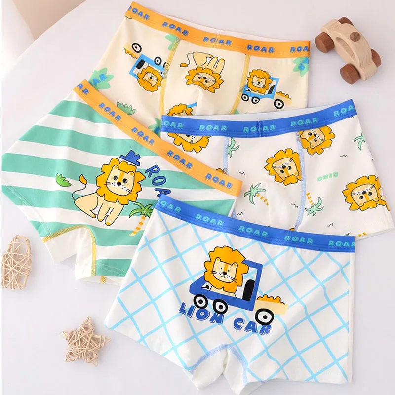 Calzoncillos Boxer de algodón de 4 piezas para niños, ropa interior cómoda para niños, bragas transpirables, Boxers con estampado de dibujos animados de León fresco para niños - imagen 2