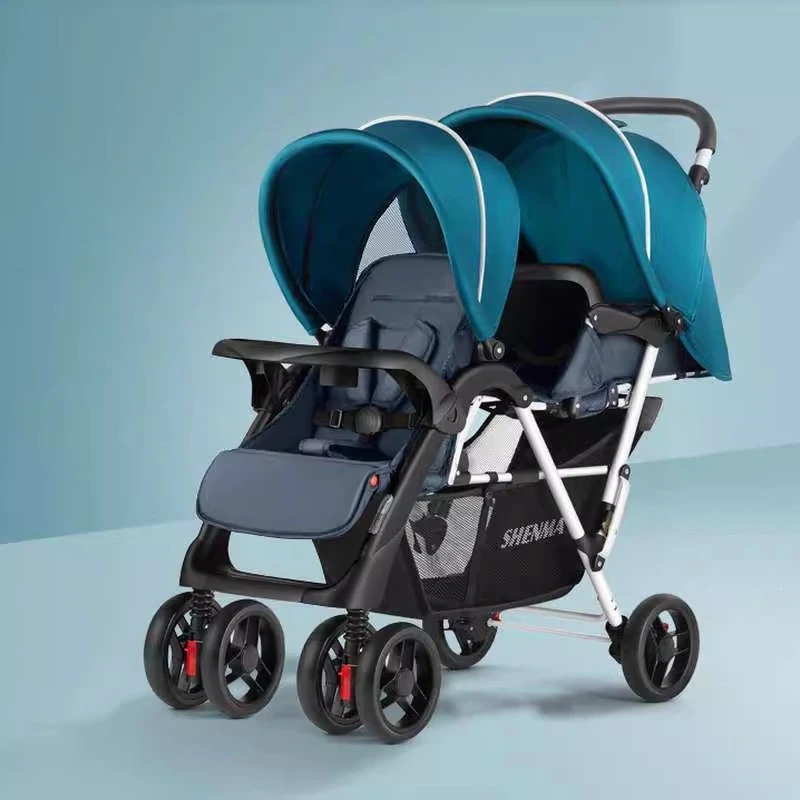 Cochecito de bebé de dos asientos para hermanos, cochecito reclinable ajustable con parte delantera trasera, cochecito de 4 ruedas con diseño compacto y plegable para todo tipo de clima - imagen 3