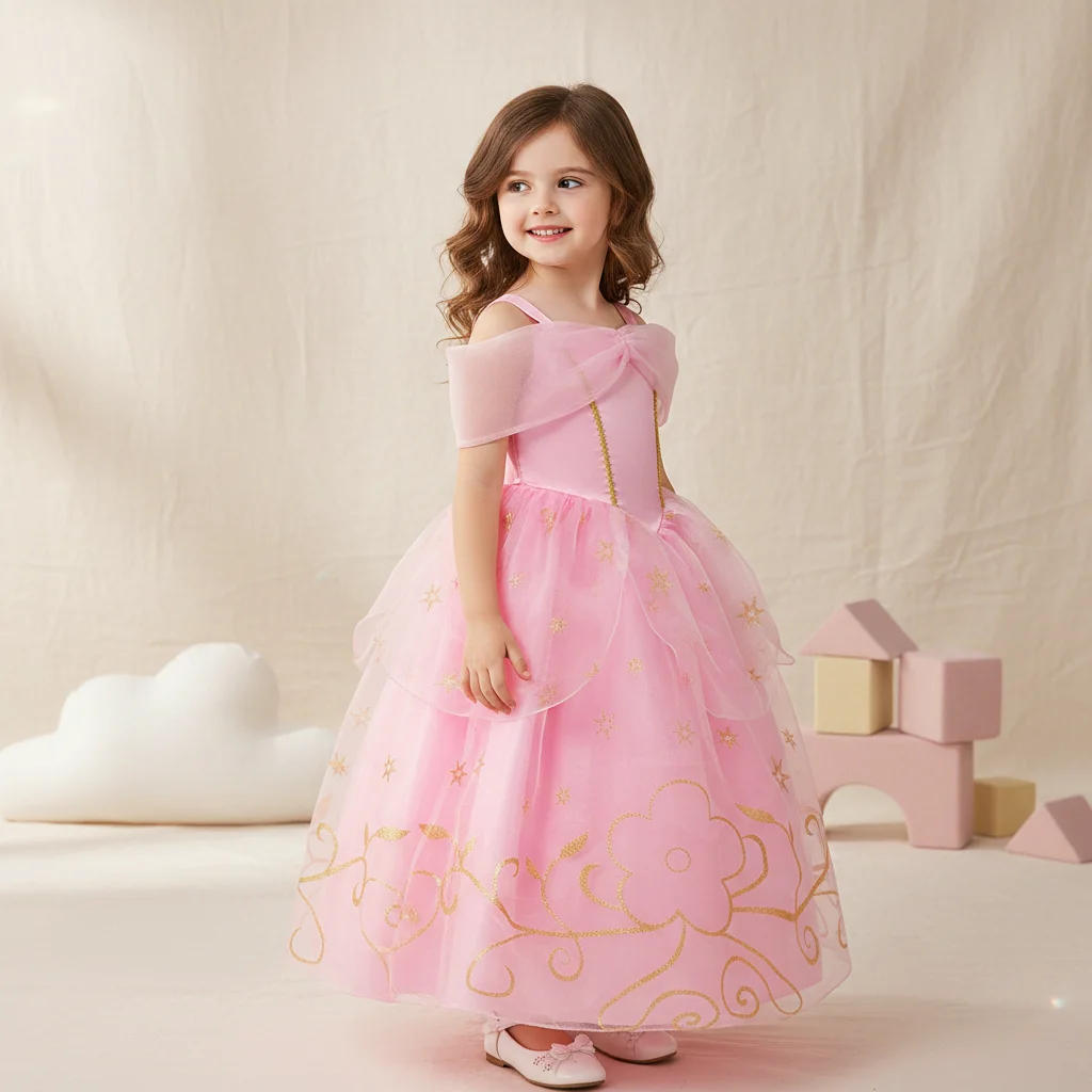 Vestido Princesa Rosa con Tul en Capas y Detalles Dorados para Niña