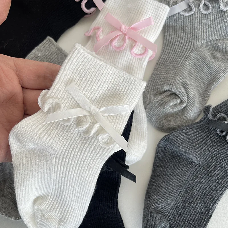 1 par de calcetines coreanos sencillos y bonitos para bebé, calcetines hasta la pantorrilla con lazo y volantes de Color sólido para niña, calcetines de algodón suave para primavera y otoño - imagen 5