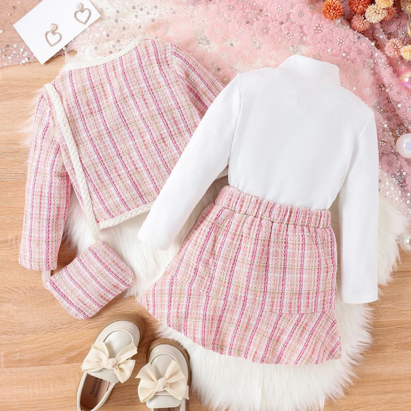 Conjuntos de 4 piezas de ropa de otoño para niñas, moda coreana, abrigo de Tweed rosa de princesa a cuadros, Tops, falda y bolsa, ropa de Boutique para bebés BC525 - imagen 3