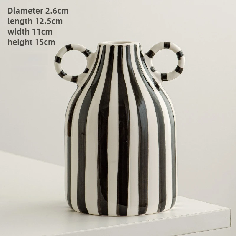 Nuevo jarrón de cerámica a rayas dibujado a mano, bonito jarrón con cara sonriente de doble oreja, decoración creativa para hotel en casa, adorno, tarro de cerámica, contenedor - imagen 5