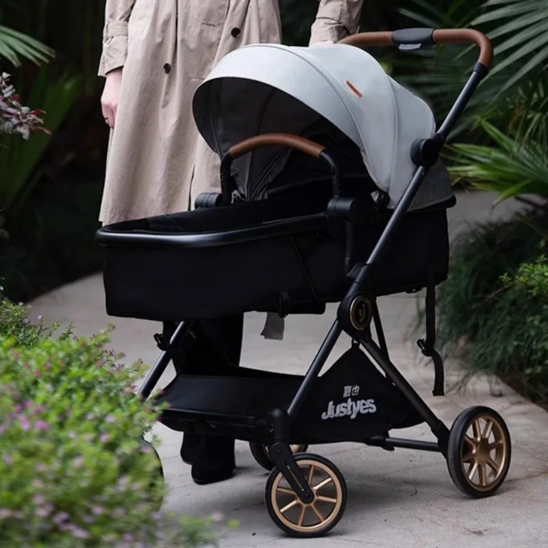 Cochecito de bebé de lujo de alta visión, cochecito de bebé plegable bidireccional, cochecito de bebé portátil de cuatro ruedas que absorbe los golpes para exteriores