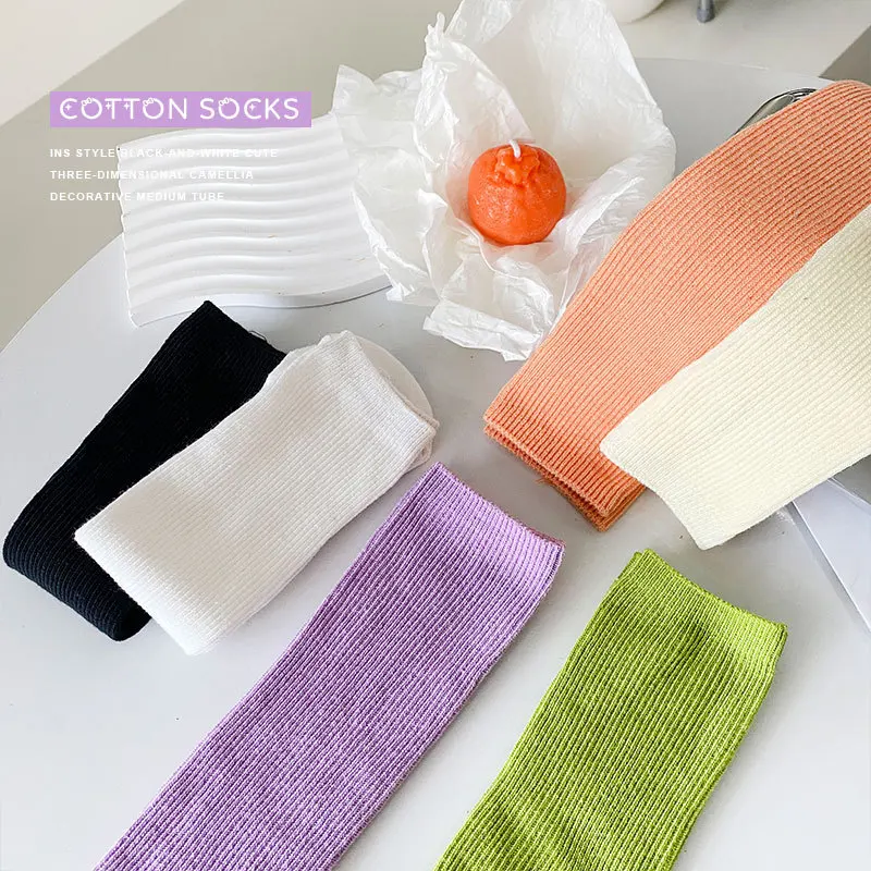 Medias de punto de Color caramelo para niños, calcetines hasta la rodilla de algodón transpirables a rayas de Color sólido para niñas, calcetines de tubo medio, tamaño libre 30cm - imagen 2