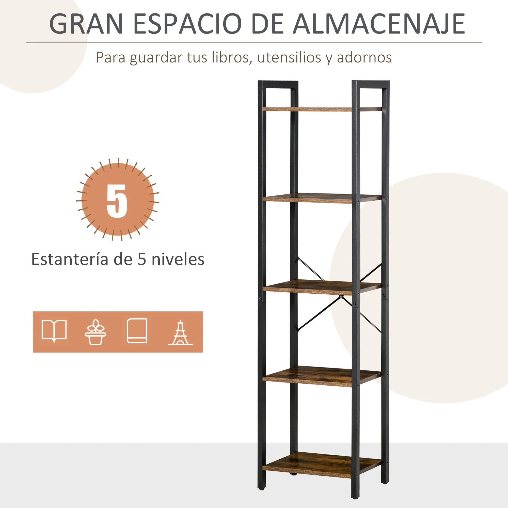 HOMCOM Estantería Industrial de 5 Niveles Estantería Librería de Almacenaje con Marco de Acero para Sala de Estar Oficina Cocina Dormitorio 40x30x154 cm Marrón Rústico - imagen 4