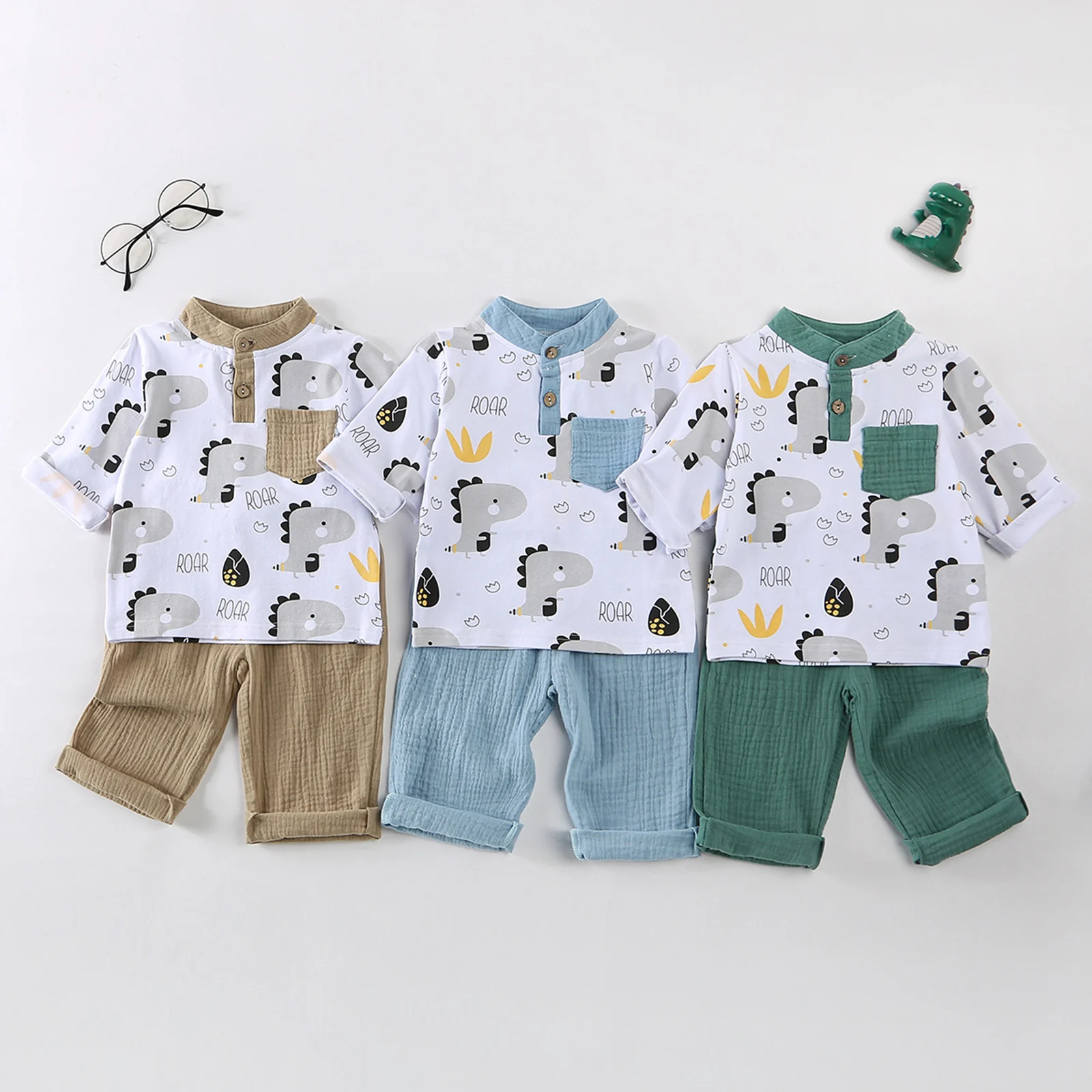 Conjunto de otoño para bebés de 0 a 4 años, Tops con estampado de dinosaurio de manga larga a la moda y pantalones de Color sólido, trajes de 2 uds.