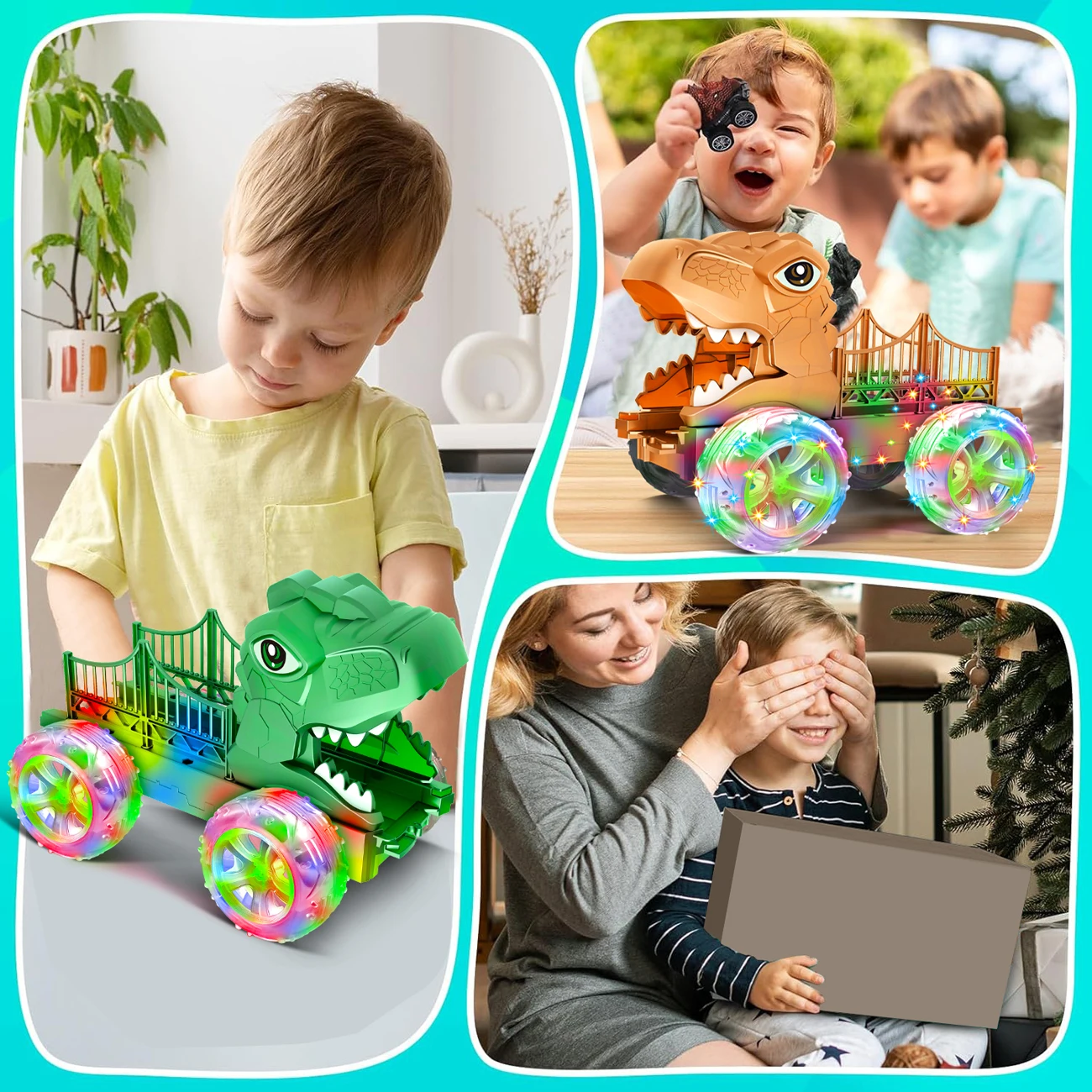 Camión de dinosaurios T-rex para niños con luces LED multicolores