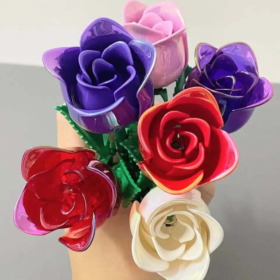 Juego de bloques de construcción de flores rosas para siempre, ramo colorido romántico creativo, juego de ladrillos DIY de amor, juguetes, regalos de Navidad para novia - imagen 5
