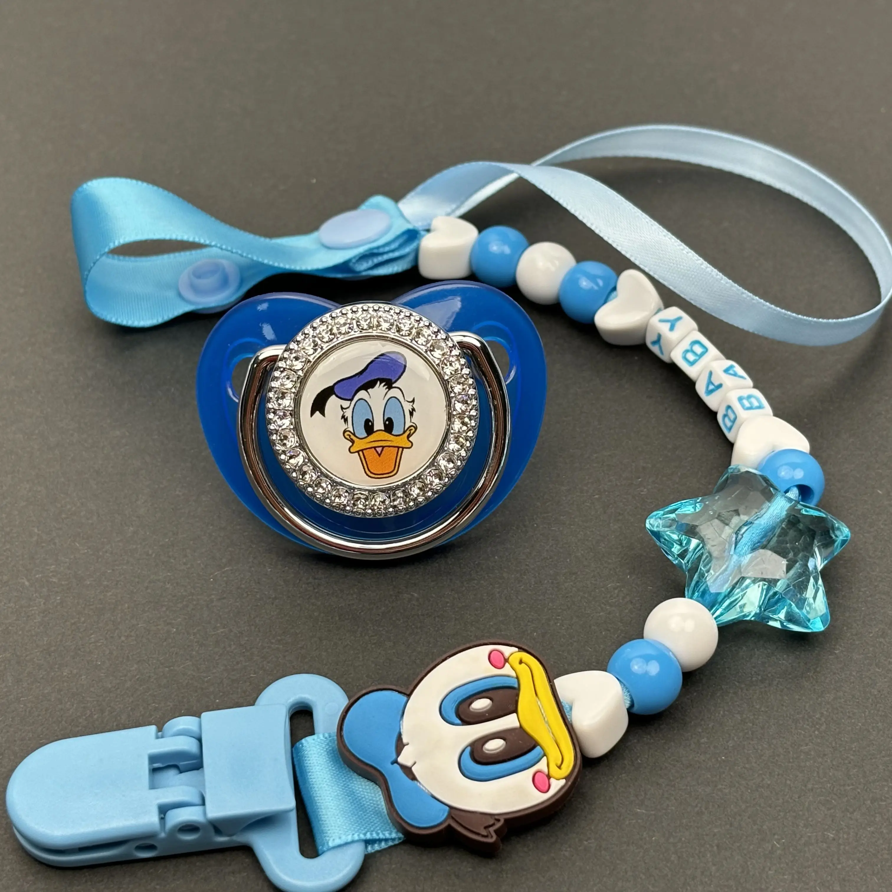 Mickey mouse, el más nuevo pezón de chupete con soporte personalizado, clip de cadena de cuentas de pato donald con chupete de diamantes de imitación, conjunto de regalo para bebé - imagen 3