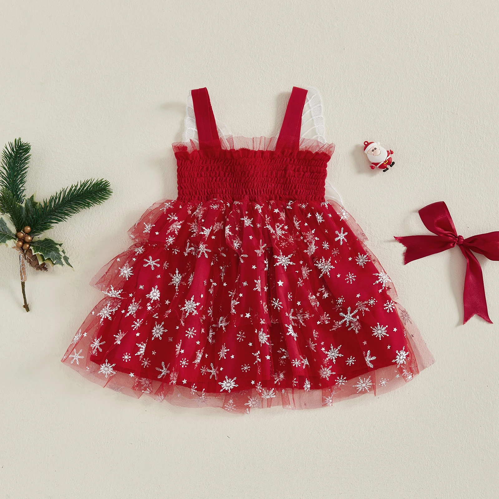 VISgogo Vestido de Navidad para niña pequeña con estampado de copos de nieve, sin mangas, de tul, línea A, con ala de mariposa - imagen 2