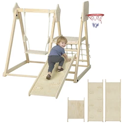 AIYAPLAY Tobogán Infantil 5 en 1, Estructura de Escalada de Madera con Tobogán, Columpio, Aro de Baloncesto, Tabla, Red de Escalada, Parque Plegable para Niños de 3-6 Años, Interior, Exterior, Natural
