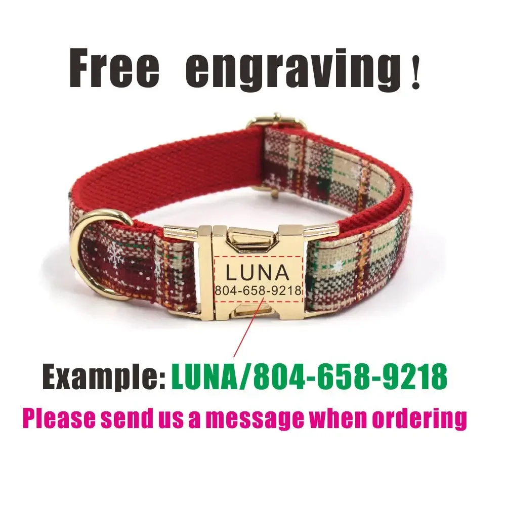 Collar de perro personalizado con grabado gratuito, correa para mascotas a juego, hebilla de Metal de contactos personalizados, Collar de flor de nieve de Navidad - imagen 4